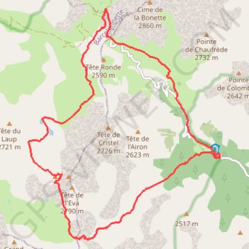 Randonnée 2 : Cime de la Plate depuis la route du Col de la Moutière [ https://www.toujoursplushaut06.fr/Description/Tete-Sanguiniere ] GPS track, route, trail